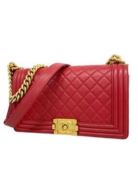 Chanel Shoulder Bag Boy Caviar Leather Red Gold